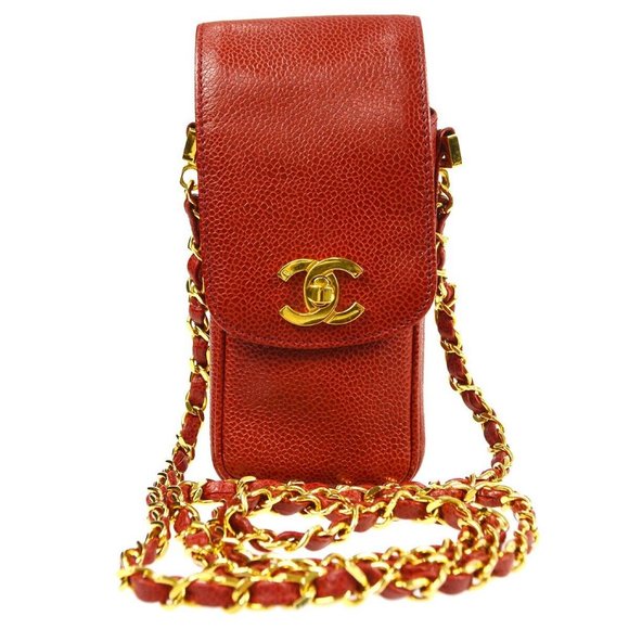 Authentic Chanel Chain Shoulder Pochette Bag Red Caviar - Picture 1 of 9